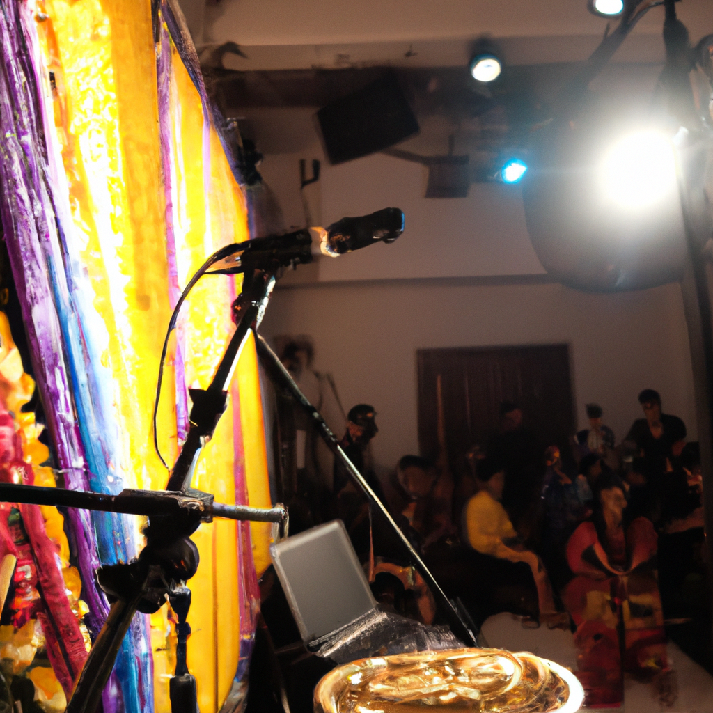 Evening student showcase on an intimate Bali stage with warm ambient light and cultural textiles